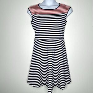 Draper James Navy Blue /Coral Stripe ponte a-line Dress Size L Nautical